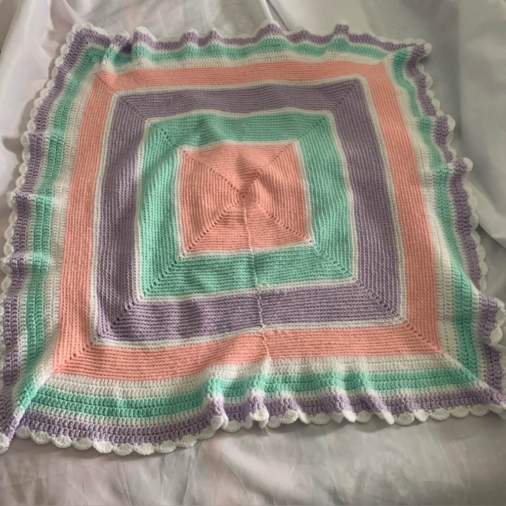 Handmade Pastel Crochet Granny Square Baby Blanket 33”x33”
